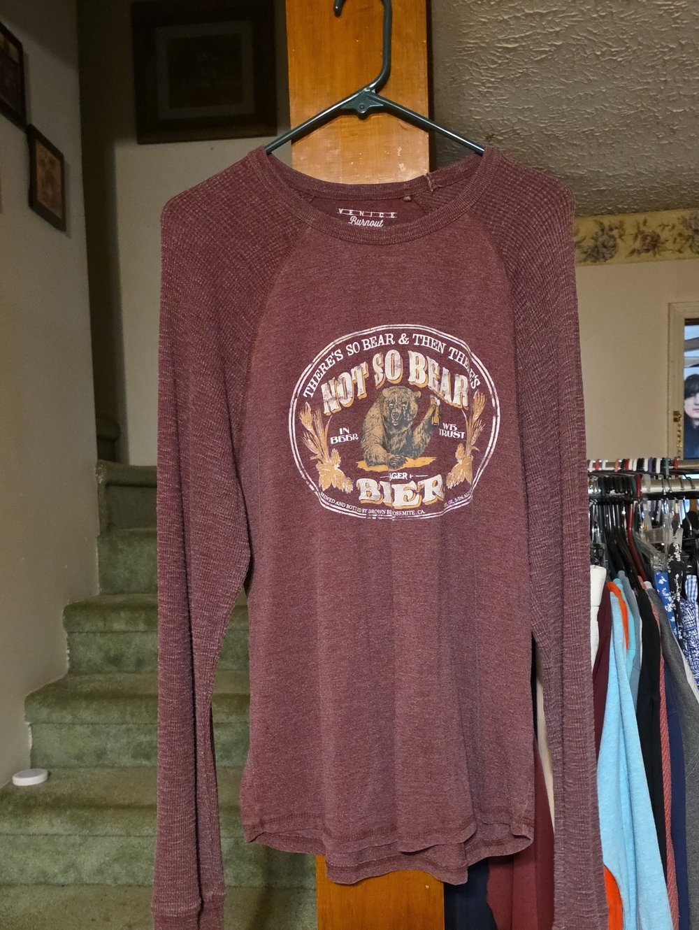 Lucky Brand Graphic Long Sleeve Tee - Burgundy Bear Beer Design